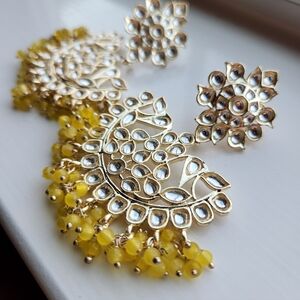 Yellow Beaded Polki Earrings